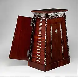 Egyptian Revival - Coin cabinet; 1809–1819; mahogany (probably Swietenia mahagoni), with applied and inlaid silver; 90.2 x 50.2 x 37.5&nbsp;cm; Metropolitan Museum of Art