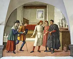 Workshop of Ghirlandaio, Works of Mercy: Welcome Pilgrims, fresco, 1478-81
