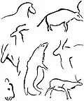 Primitive painted outlines of animals from the cavern walls, attributed by Breuil to the early Aurignacian. The outlines represent the horse, ibex, cave bear, wild cattle, and reindeer. After Breuil.