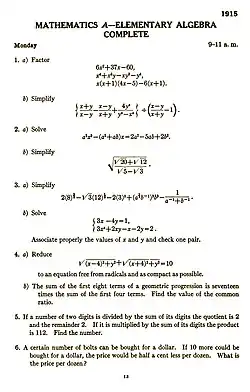 A page from a test booklet; there are six free-response algebra questions, often involving factoring and simplifying algebraic expressions.