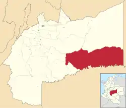 Location of the municipality and town of Mapiripán in the Meta Department of Colombia.