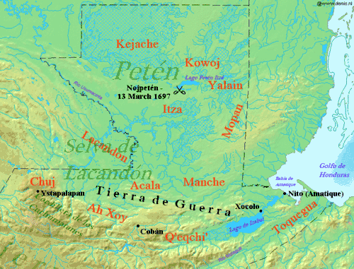 Northern Guatemala is a flat lowland plain dropping off from the Cuchumatanes mountain range sweeping across in an arc to the south. To the east of the mountains is the large lowland Lake Izabal, with an outlet into the Amatique Bay to the east, which itself opens onto the Gulf of Honduras. Immediately north of the mountains is the Lacandon forest, with Petén to the northeast. Ystapalapán was a settlement in the western Cuchumatanes, in the territory of the Chuj. Cobán was in Q'eqchi' territory, in the foothills halfway between Ystapalapán in the west and Lake Izabal in the east. Xocolo was at the northeastern extreme of Lake Izabal, where it flows out towards the sea. Nito, also known as Amatique, was on the coast where the river flowing out of the lake opened into the Amatique Bay. The area south of the lake was Toquegua territory. The Manche occupied the lands to the northwest of the lake, with the Acala to their west between the Manche and the Chuj. The Lacandon were northwest of the Acala, straddling the border with Mexico. Lake Petén Itzá was in the centre of Petén, to the north. It was the location of Nojpetén, with the Itza lands stretching southwards from the lake. To the east of the Itza and northeast of the Manche were the Mopan, on the border with Belize. North of the Mopan were the Yalain, east of Lake Petén Itzá. The Kowoj were to the northeast of the lake and the Kejache to the northwest. The "Tierra de Guerra" ("Land of War") covers a broad northern swathe of the mountains and the southern portion of the lowlands.