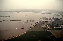 The community on June 16, 2011 during the 2011 Missouri River floods after a levee protecting it was breached. A second levee was built and held