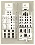 The architect T.H. Ellett's design for the Cosmopolitan Club street facade (left) and garden facade (right).