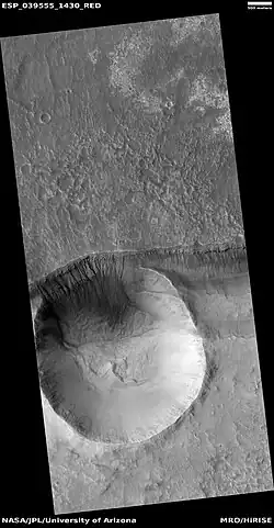 Crater with gullies on the edge of a trough