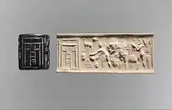 Cylinder seal and impression in which appears a ritual scene before a temple façade; 3500–3100 BC; bituminous limestone; height: 4.5&nbsp;cm; Metropolitan Museum of Art (New York City)