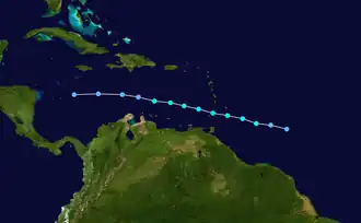 A track of a tropical storm, it starts between South America and Africa, crosses the Lesser Antilles and dissipates in the Caribbean Sea