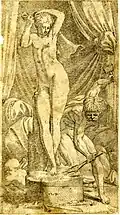 Pygmalion and Galatea: a sculptor, naked, busy working on a statue of a naked woman. c.1540/45. Etching, after Primaticcio. Height: 235 millimetres (trimmed)