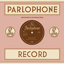 The cover art for David Bowie's 2014 single "Sue (Or in a Season of Crime)", featuring "Parlophone Record" in big letters on the top and bottom, with an LP disc in the center with the artist and song title