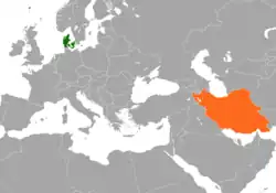 Map indicating locations of Denmark and Iran