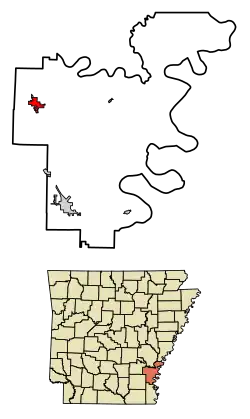 Location of Dumas in Desha County, Arkansas.
