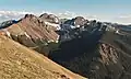 The northern group of the Never Summer Mountains viewed from Diamond Peaks. Left to rightː Nokhu Crags, Mt. Richthofen, Mt. Mahler, Braddock Peak