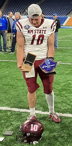 New Mexico State quarterback Diego Pavia after being named most valuable player in the 2022 Quick Lane Bowl, played at Ford Field in Detroit, Michigan