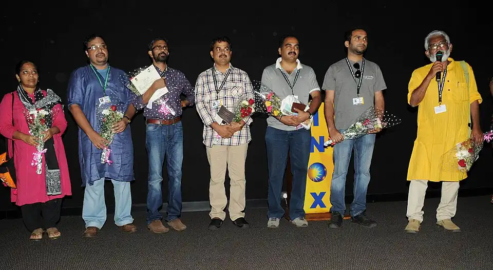 Director Gopinathan (Film Ithramaathram) with cast & crew addressing at the presentation of the film, at the 43rd International Film Festival of India (IFFI-2012), in Panaji, Goa on November 25, 2012.jpg