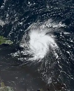 Satellite image of Hurricane Dorian passing by Puerto Rico and over the Virgin Islands on August&nbsp;28