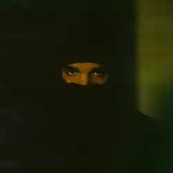 A covered figure ressembling Drake against a black background with khaki lights could be seen as a cover for Dark Lane Demo Tapes