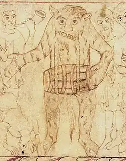 Early 12th century A.D., England. Image of demon or bear playing drum, possible mummer.