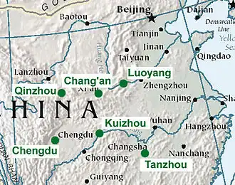 Map of eastern interior Chinese cities of Luoyang, Chang'an, Qinzhou, Chengdu, Kuizhou, and Tanzhou