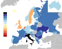 Political map of Europe with countries coloured by the number of points were awarded to Italy through televoting, with dark blue being twelve points and dark red being zero points. In general, most countries are coloured blue, with only the Netherlands, Sweden and the United Kingdom in red.