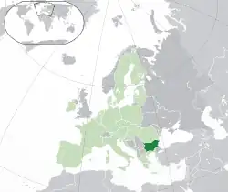 Location of&nbsp;Bulgaria&nbsp;(dark green) –&nbsp;in Europe&nbsp;(green &&nbsp;dark grey) –&nbsp;in the European Union&nbsp;(green)&nbsp; –&nbsp; [Legend]
