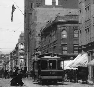Broadway, east side, looking north past 3rd, c.1888. From left to right: 1888 City Hall, Rindge Block, Bradbury Building