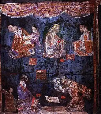A mural from a Han dynasty tomb painted with both Han blue and Han purple