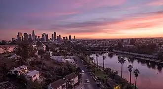Echo Park Lake with Downtown Los Angeles Skyline