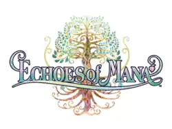 Game logo with the words "Echoes of Mana" at the center. The font color starts light blue at the top and fades downward to a light green. Behind the words is a floating tree. The trunk and branches extend above the words while the curled roots extend below the words.
