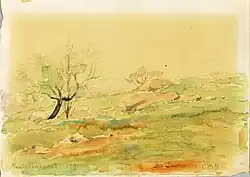 A bright watercolor of a thin blue river, surrounded by greenery and rocks. A small, twisted tree sits along the river bank.