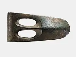 Egyptian duckbill-shaped axe blade of Syro-Palestinian type, a lethal technology probably introduced by the Hyksos (1981–1550 BC).[179]
