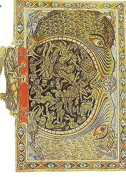 Hellmouth, locked by an archangel, from the Winchester Psalter of about 1150
