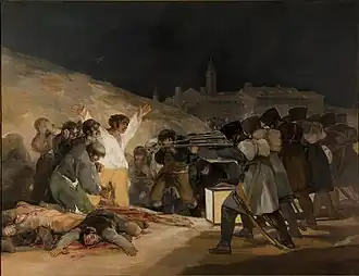 The Third of May 1808; by Francisco Goya; 1814; oil on canvas; 2.68 × 3.47&nbsp;m; Museo del Prado (Madrid, Spain)[204]