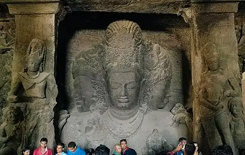 The Colossal 6 metres (20&nbsp;ft) high trimurti sculpture at the Elephanta Caves