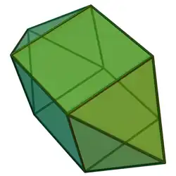 Elongated square dipyramid, a Johnson solid. Obtained by augmenting two opposite faces of a cube by equilateral square pyramids, the resulting polyhedron has eight triangles and four squares. It is D4h symmetry of order 16.[16][15]