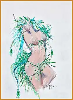 One of the early Showgirl paintings by Rita Asfour, Mixed Media on Masonite