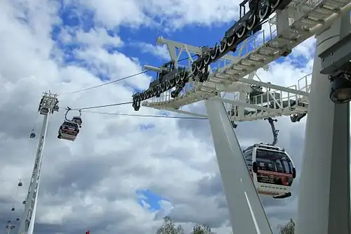 Image 23Gondolas of the Emirates Air Line cable car cross the River Thames from Greenwich Peninsula to Royal Docks.