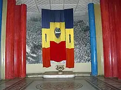 "Empty" Romanian flags with the communist insignia cut out, on the model of the Hungarian flags, pierced in the Revolution of 1956, from an exhibit at the Military Museum, Bucharest