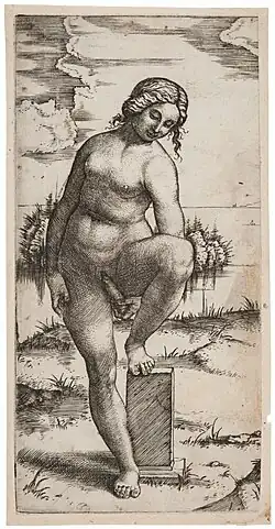 Standing woman with Artificial Phallus,[52] Maracantonio Raimondi. Fragment of a copperplate engraving.[52] Nationalmuseum, Stockholm. Around 1510?[52]