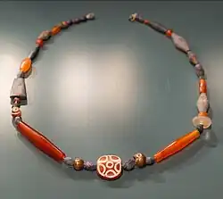 Necklace made of gold, lapis lazuli, carnelian and etched carnelian beads, c.2600-2340 from Kish in Sumer[25]