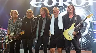 Europe on stage in Tønsberg 2025. From left to right: John Levén, Mic Michaeli, Joey Tempest, Ian Haugland and John Norum.
