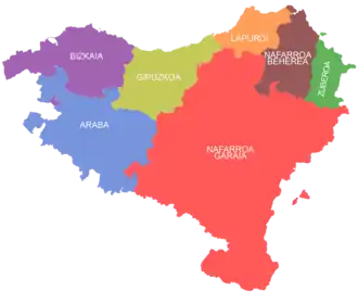 The seven historical provinces usually included in the definition of the greater region of the Basque Country.