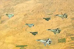 An Indo-French formation (including IAF Su-30 MKI, French Rafale, IAF Tejas) led by Rafale over Thar Desert during Garuda VII 2022.