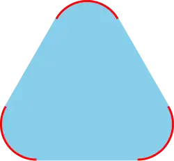 A picture of a smoothed triangle, like a triangular tortilla-chip or a triangular road-sign. Each of the three rounded corners is drawn with a red curve. The remaining interior points of the triangular shape are shaded with blue.