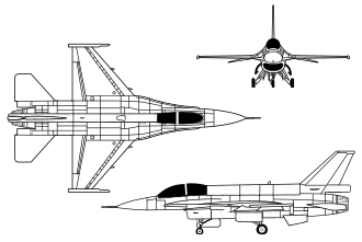 Orthographically projected diagram of the F-16.