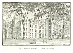 The new hospital building, designed by Elijah E. Myers and demolished in the 1970s