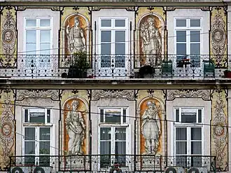 Casa do Ferreira das Tabuletas, in Rua da Trindade, Lisbon, building built between 1849 and 1865 with its respective trompe-l'œil azulejos in the facade.