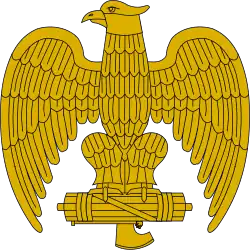 Eagle perched on fasces, as adorned on caps and helmets of Fascist Italy