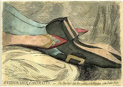 Fashionable Contrasts;—or—The Duchess's little Shoe yeilding [sic] to the Magnitude of the Duke's Foot (1792)