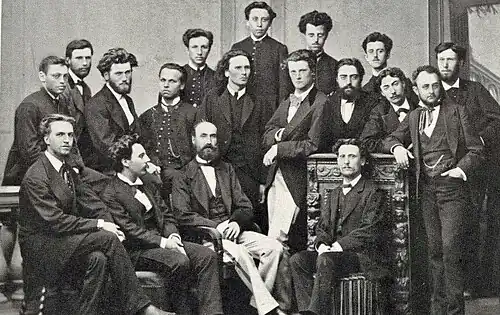 A group of 18 men in 19th century dress
