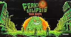 Poster for Ferxxocalipsis World Tour, portrays a dark city and some people contemplating a strange creature